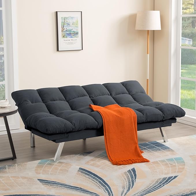 67” Convertible Futon Couch Bed Adjustable Pillow Top Arm Memory Foam Cloud Futons Loveseat Modern Light Gray Corduroy Mini Small Sofa Couches for Living Room