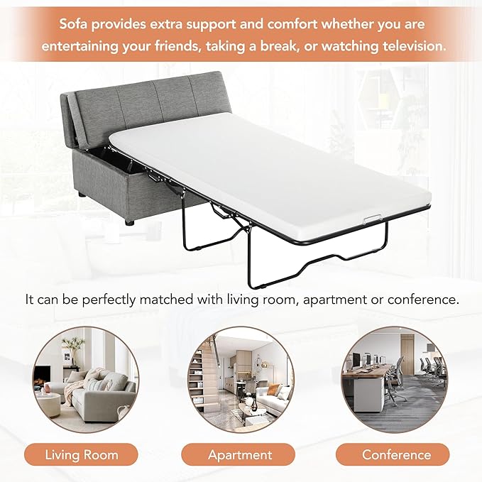 Folding Ottoman Sleeper Bed with Mattress Wood Legs and Chenille Fabric Convertible Chair into Sofa Bed Pull Out Ottoman Lounge for Small Space (Dark Gray * 9)