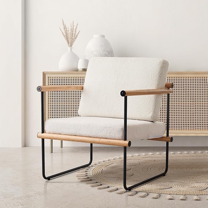 29in Boucle Fabric Accent Chair for Bedroom Modern Lounge Chair for Living Room Upholstered Reading Armchair with Metal and Wooden Arms (Natural x1)
