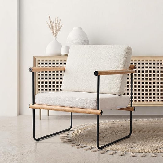 29in Boucle Fabric Accent Chair for Bedroom Modern Lounge Chair for Living Room Upholstered Reading Armchair with Metal and Wooden Arms (Natural x1)