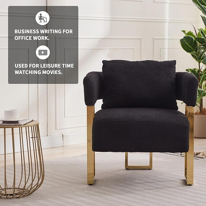 YITAI Modern Accent Chairs no Wheels Living Room Side Chairs Set of 2 with Golden Metal Legs Barrel Soft Teddyt Upholstered Reading Armchairs for OfficeReception RoomBedroomLoungeBlack