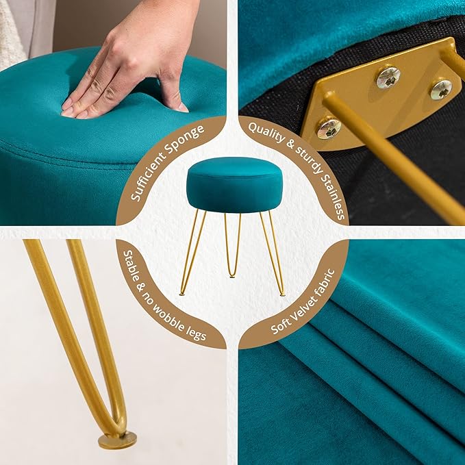 LUE BONA Vanity Stool Teal Vanity Stools for Makeup Room Round Ottoman Foot Stool Velvet Footrest Vanity Chair for Bathroom Vanity Bedroom Living Room Entryway Offices 300lbs