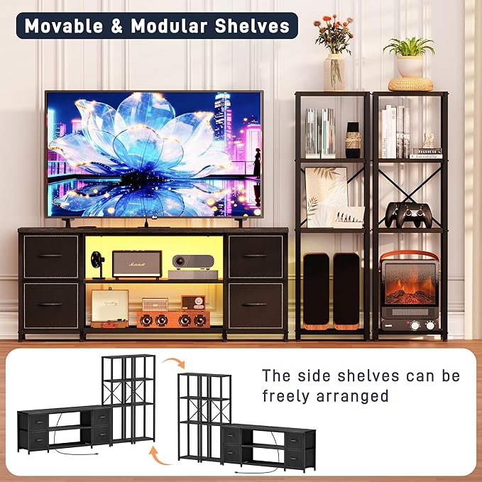 LED TV Stand 60 Inch for Living Room with Charging Station Farmhouse Entertainment Center with 2 Industrial Bookshelves Modern Console Cabinet with Storage Drawers (Black)
