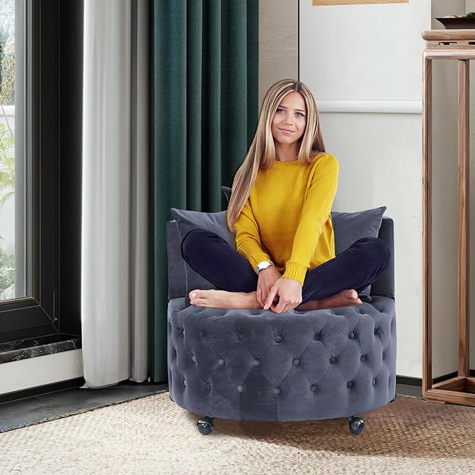 LLS Swivel Barrel Chair Velvet Accent Barrel Chair with 3 Pillows and 4 Wheels 360 Degree Sofa Chair Modern Button Tufted Upholstered Accent Chair for Living Room Bedroom Gray