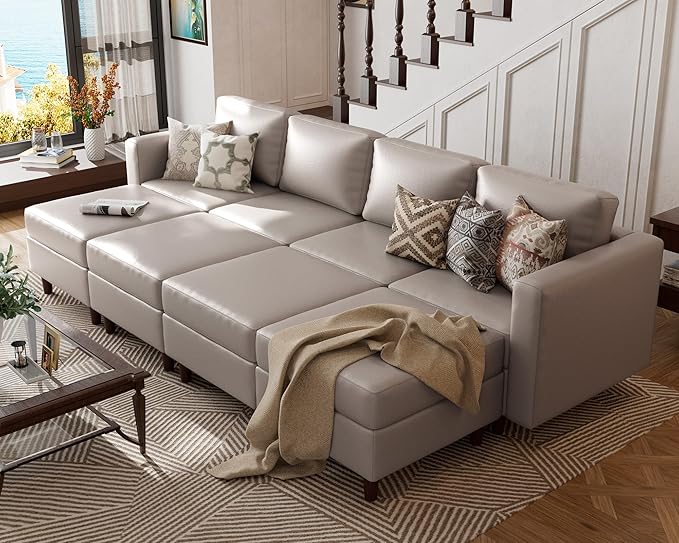 ABCASA Sofa Modular Sectional Faux Leather Sectional Sofa Module Whitesand
