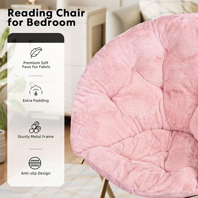 HealSmart Saucer Chair Comfy Faux Fur Folding Moon Chair with Metal Frame Cozy Round Chair Lounge Lazy Chair for Living Room Bedroom Adults Kids Teens Pink