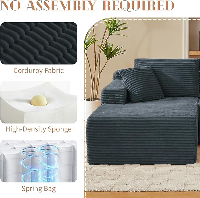 Cloud Sectional Couch Modern Modular Sectional Sofa with Deep Seat Corduroy Boneless Couches with L-Shape Chaise for Living Room Bedroom No Assembly Required (Dark Grey Left Facing Chaise Sofa)