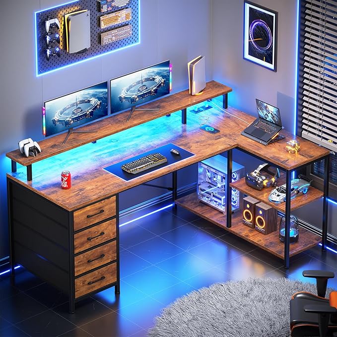 SEDETA L Shaped Desk with 4 Drawers and Storage Shelves L Shaped Gaming Desk with LED Lights &amp Power Outlets Computer Desk with Shelves &amp Drawer Corner Desk Home Office Desk Rustic Brown