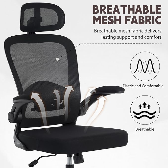 Ergonomic Office Chair with 3D Adjustable Lumbar Support Mesh High Back 75° Rotating Headrest Rocking Function 300lbs Capacity Black/White (Black)