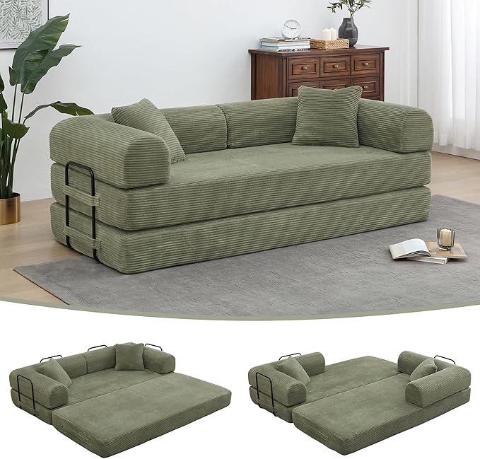 JJJ 78 inch Sofa Bed 4-in-1 Boneless Convertible Corduroy Sleeper Folding Couch with Fixed-Shape Frame and 2 Futons No Assemble Required 3 Seater Upholstered for Living Room (Light Green 78inch)