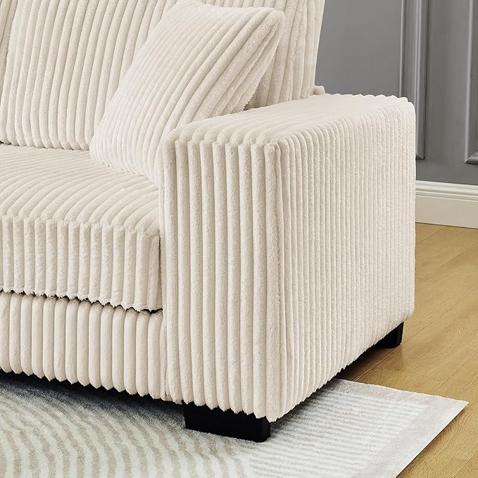 Corduroy Tufted Upholstered Sleeper Sectional Sofa L-Shaped Modular Convertible Sofa The arc-Shaped Footstool can be Placed Freely on The Left and Right (Beige + Foam + 3 Seat)