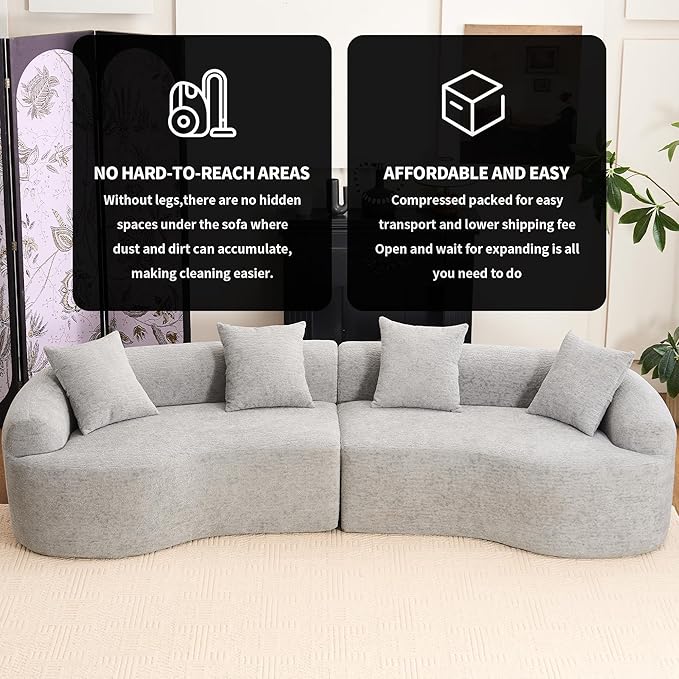 110 Sectional Sofa Round Curved Couch Modern 4 Seat Sofa with Wood Grain Chenille Fabric Comfy Deep Seat Sponge Couch with 4 Pillows for Living Room Grey