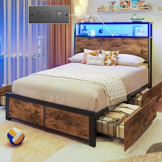Lifezone Twin Bed Frame with 2-Tier Storage Headboard Metal Platform Bed Frame with 4 Storage Drawers Built in Charging Station &amp LED Noise-Free/Metal Support/No Box Spring Needed Vintage Brow