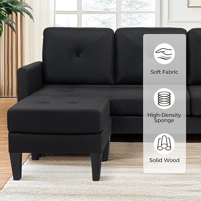 Small L Shape Couch 3 Seat Convertible Couch for Apartments with Ottoman Sectional Sofa for Small Spaces Black Modular Sleeper Sofa for Living Room Office
