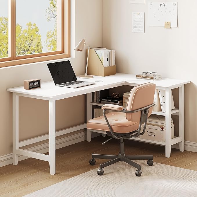IOTXY Reversible L-Shaped Office Desk - 53 Modern Corner Computer Table with Storage Shelves Solid Wood Legs Home Writing &amp Study Workstation White