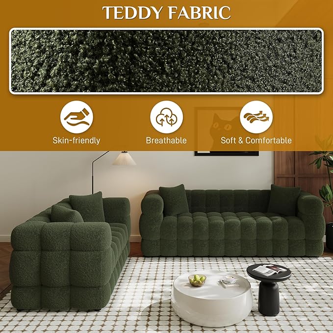 2 Piece Boucle Sofa Couch Set Comfy Upholstered Sherpa Deep Seat Cloud Couch and Loveseat Modern Tufted 3 Seater and 2 Seater Love Seat Sofa for Living Room Apartment Olive Green
