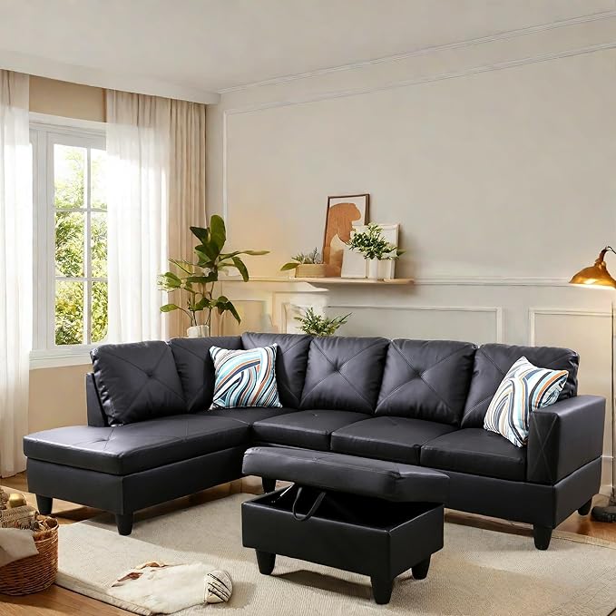 FONTOI L Shaped Sectional Couch with Otttoman 97 Leather Sectional Sofa for Living Room Modular Couches with Cup Holders for Bedroom Apartments Black
