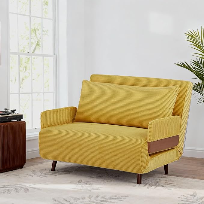 3-in-1 Convertible Sofa Bed Futon Loveseat Couch with Pillow Adjustable Backrest &amp Removable Armrests Recliner Sleeper Sofa for Small Spaces Living Room Bedroom or Office Mustard Yellow