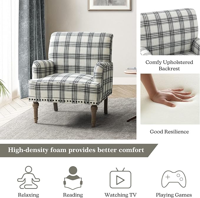 HULALA Home Modern Accent Chair with Retro Wooden Legs &amp Nailhead Trim Comfy Upholstered Armchair Single Sofa for Living Room Bedroom (Plaid Black)