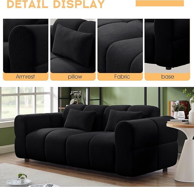 80 Modern Sofa Couch Comfy Deep Seat Teddy Cloud Sofa Upholstered 3-Seater Boucle Couch Oversized Loveseat for Living Room Bedroom Office Apartment(Black)