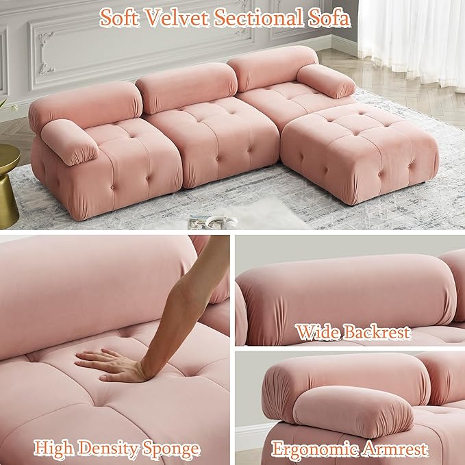 Modular Sectional Sofa 93 Velvet Sectional Cloud Couches for Living Room Modern L-Shaped Sofa DIY Combination Reversible Chaise for Bedroom Apartment Office (Pink Velvet)