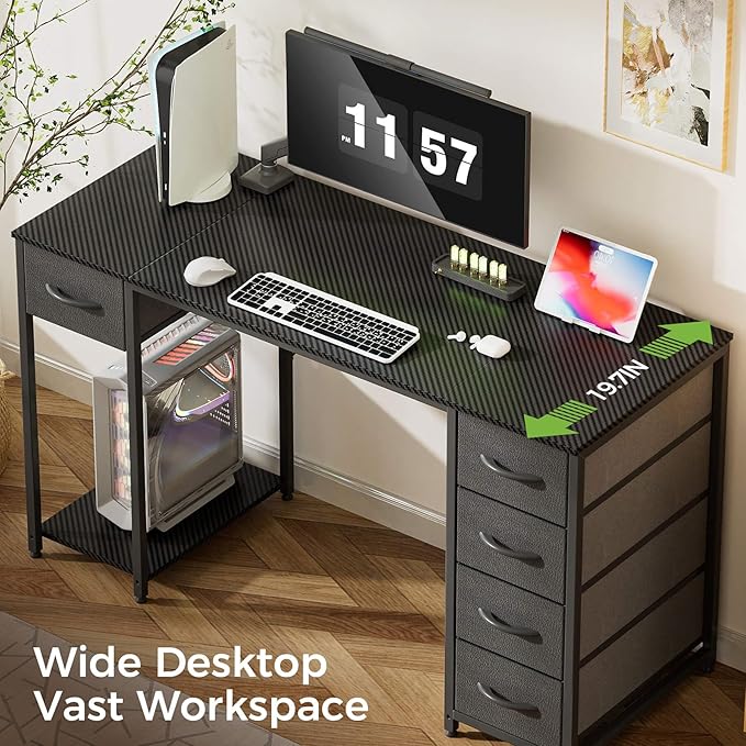 LUCKRACER Vanity Desk with 5 Fabric Drawers &amp Storage Shelves Makeup Dressing Table Computer Desks for Home Office Bedroom Black No Mirror