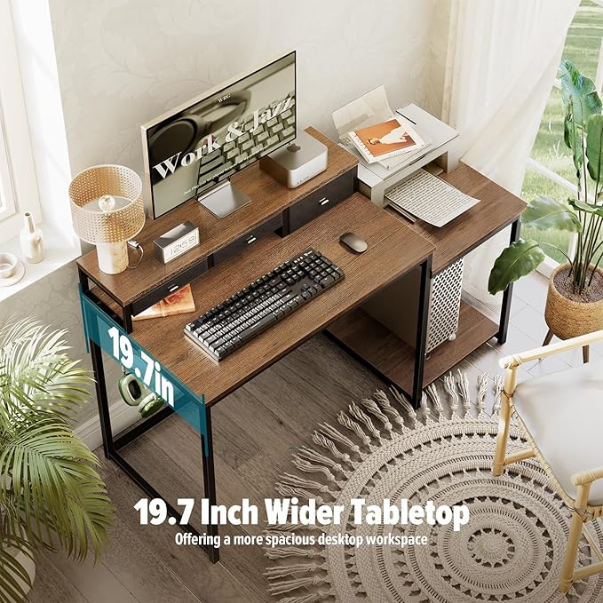 SINPAID 47 inch Computer Desk with Printer Shelf Gaming Desk with Monitor Stand and Drawers Reversible Home Office Desk with Storage Shelves and 2 Hooks Home Workstation for Study Writing Walnut