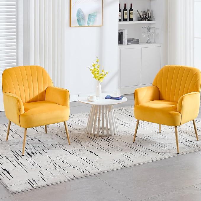 Velvet Accent Chair Mid Century Modern Accent Chairs for Living Room Comfy Upholstered Armchair with Metal Legs for Bedroom/Apartment/Office/Waiting Room Yellow