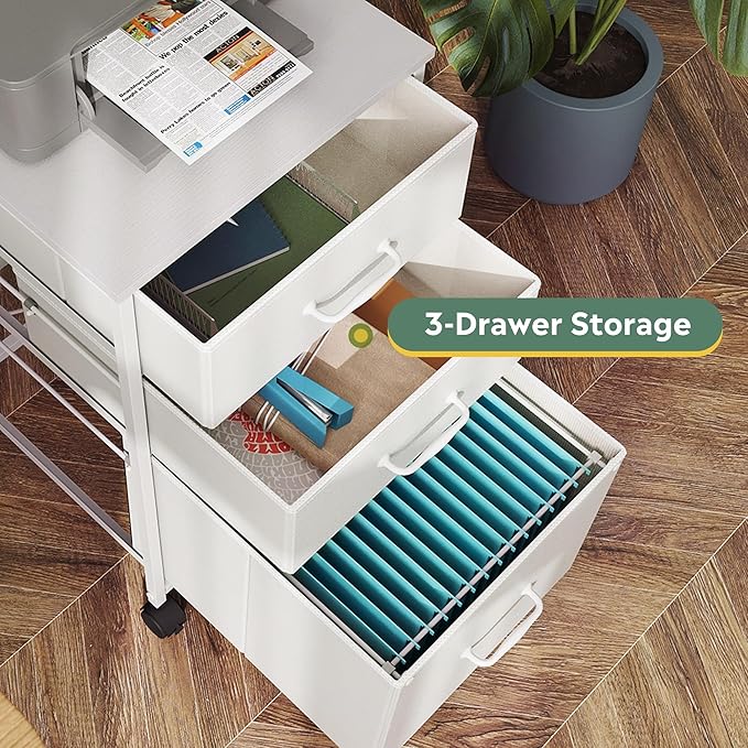 DEVAISE Mobile File Cabinet Rolling Printer Stand with 3 Drawers Fabric Vertical Filing Cabinet fits A4 or Letter Size for Home Office White