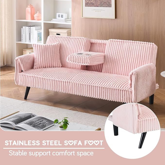 Anwick Futon Sofa Bed Modern Folding Couch for Small Space Corduroy Convertible Loveseat Sleeper Bed Daybed Recliner Lounge Sofas for Living Room2 Cup HoldersMetal LegsRemovable Armrests (Pink I)