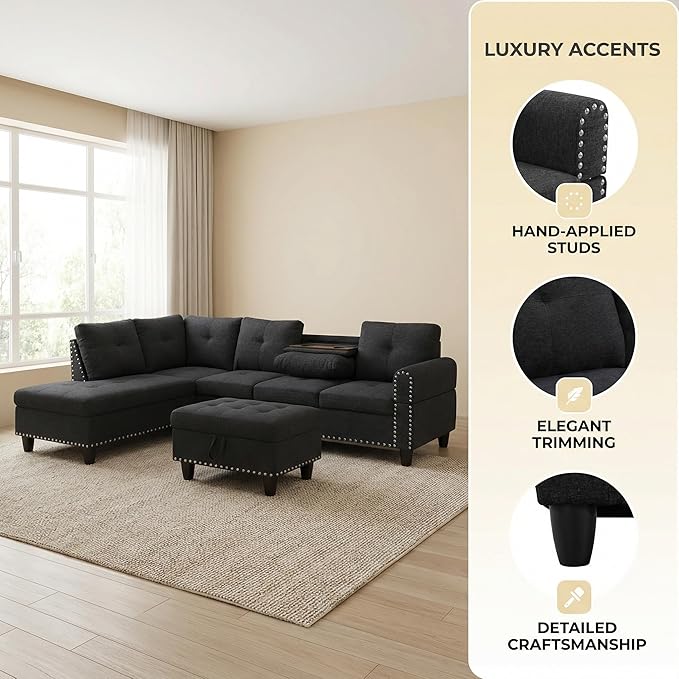 3-Piece L-Shaped Modular Sofa – Convertible Sectional Couch with Movable Chaise &amp Storage Ottoman Multi-Scene Use for Living Room Apartment &amp Office Black Grey