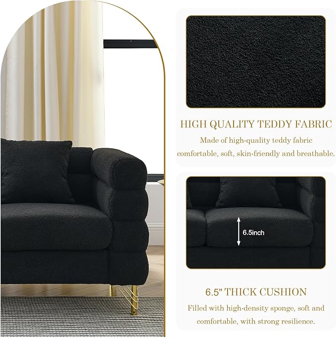 Modern Sofa Couch 81 W Teddy Bouclé Oversized Loveseat Cloud Sofa Upholstered Tufted Comfy Deep Seat Couch with Gold Legs &amp Pillows for Living Room Bedroom Office Apartment((3 Seater Black)