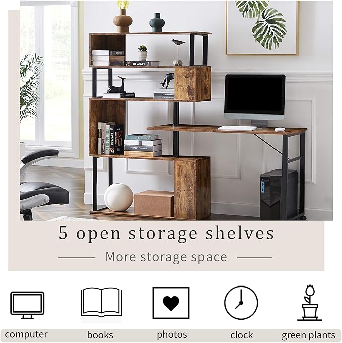 Home Office Computer Desk L Shaped Corner Table Rotating Computer Table with 5 Tier Bookshelf Four Installation Methods Lockable Casters (Tiger)