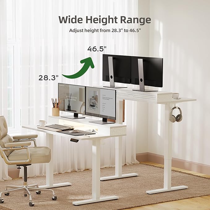 Claiks Electric Standing Desk with Shelf 55 Inch Height Adjustable Standing Desk with LED Lights &amp Monitor Stand White Frame/White Top