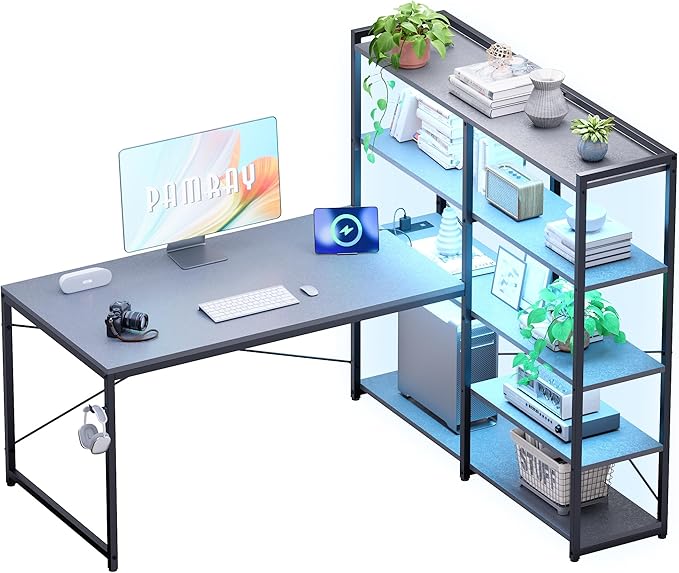 Pamray L Shaped Computer Desk with Reversible Side Storage Shelves 49 Inch Gaming Desk with Power Outlets and Led Lights PC Table for Home Office and Bedroom Grey