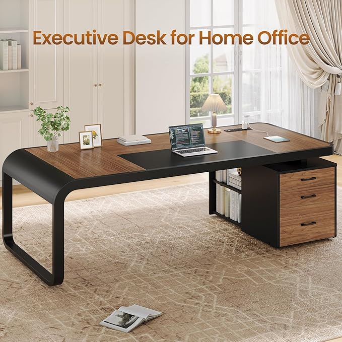 Itaar 70.9 Executive Desk Large Computer Desk with Drawers and Lateral File Cabinet Office Desk with Removable Shelves Business Furniture Desk Workstation for Home Office Brown