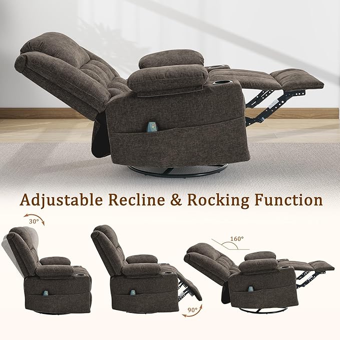 360° Swivel Rocker Recliner for Adults Nursery Glider Recliner with Massage and Heating Rocking Chair with Cup Holder Manual Recliner Chair for Living Room Bedroom (Fabric Brown)