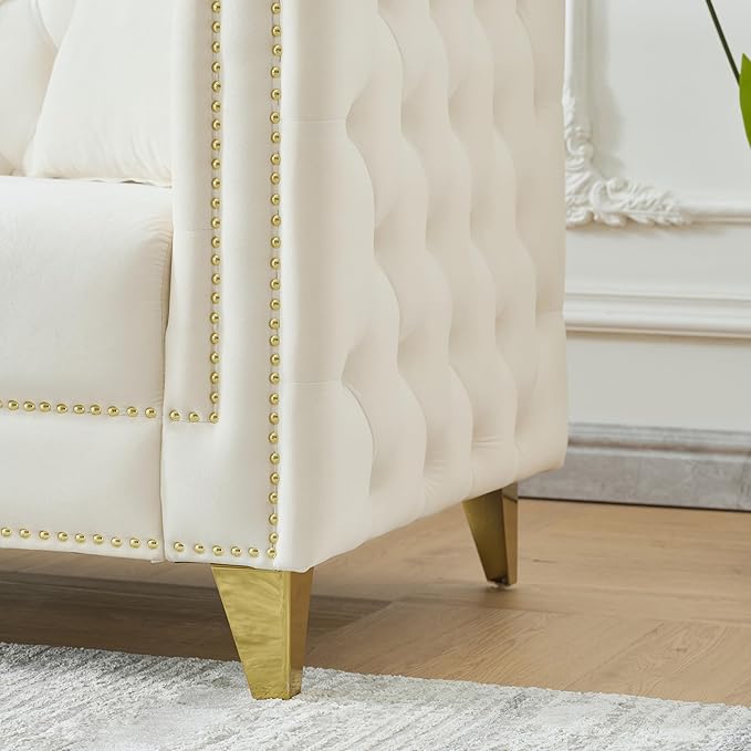 DEINPPA 2 Piece Chesterfield Couch Sets Velvet 3 Seater Sofa Set with Throw Pillows Comfy Couch with Nailhead Trim and Metal Legs for Living Room/Apartment/Office-Beige