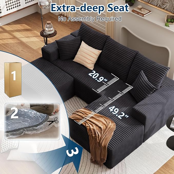 107.5 W Modular Sectional Sofa with OttomanModern Corduroy U-Shaped Cloud Couch with PillowsComfy 3-Seater Sofa with Deep-Seat for Living Room No Assembly Required (Black Right-Facing Chaise)