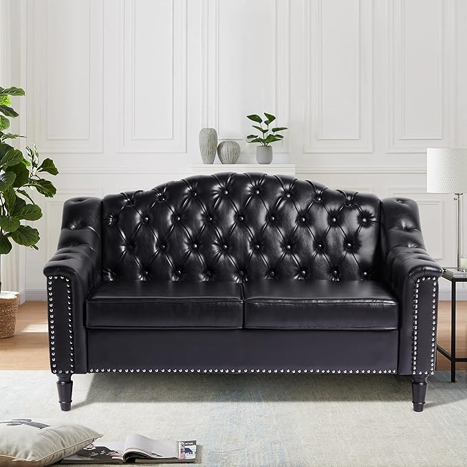 AVZEAR Chesterfield Loveseat Sofa Mid-Century Modern Upholstered PU Sofa 2 Seater Couch with Nailhead Trim and Button Tufted for Living Room Office Bedroom Black