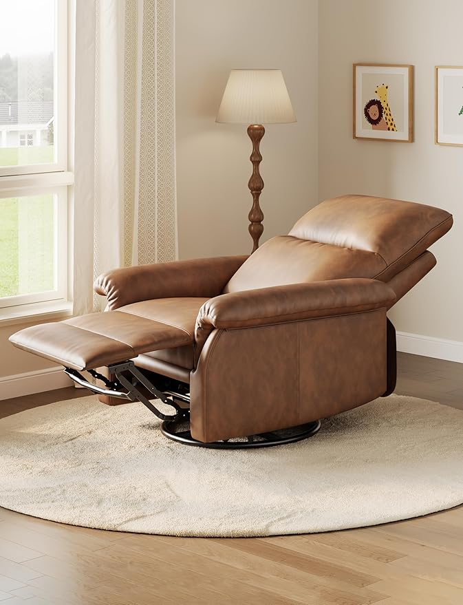Manual Recliner Chair for Adults PU Leather Swivel Rocker Recliner with Padded Armrests Modern Upholstered Reclining Chair for Living Room or Nursery Orange