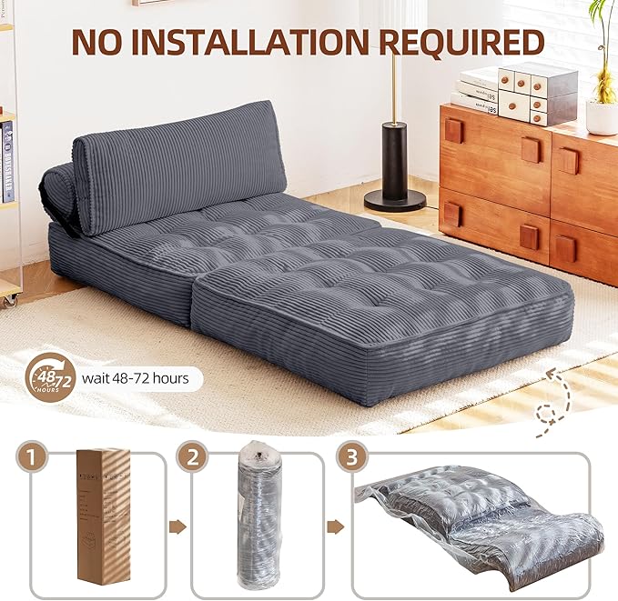 HOMREST Folding Sofa Bed Convertible Sleeping Chair with Backrest Support and Soft Corduroy FabricFold Couch Bed with Pillow for Small Spaces/Living Room/Bedroom/Apartment Single SizeGrayish Blue
