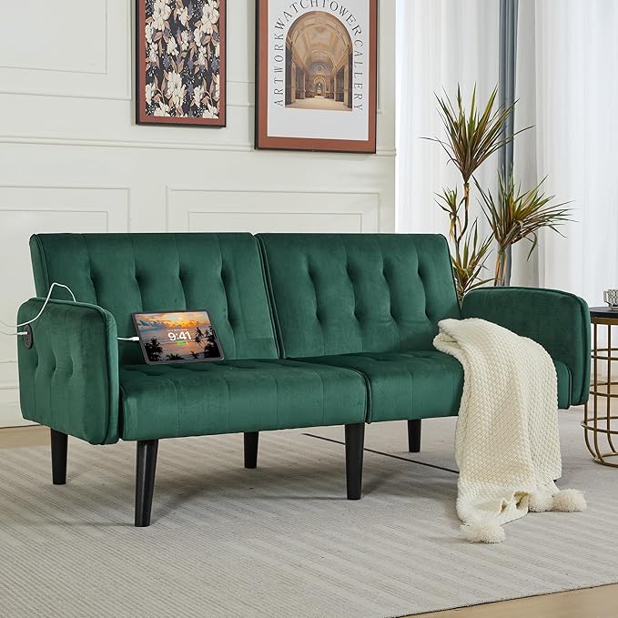 TYBOATLE 65 W Velvet Modern Convertible Folding Futon Couch Sofa Bed w/ 2 USB Charging Ports and arms Loveseat for Living Room Office Apartment Bedroom (Green)