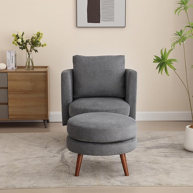 Generic 30.7 Wide Accent Chair with Ottoman Armchair Upholstered Reading Chair Single Sofa with Wooden Leg and Throw Pillow for Living Room Bedroom Dorm Room Office Charcoal Polyester Blend
