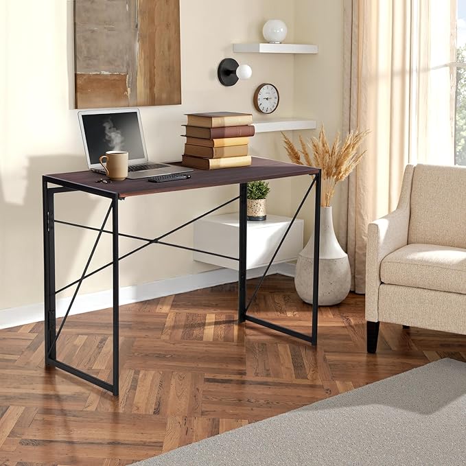 FurnitureR 39.4 Minimalist Laptop Desk Simple Computer Writing Desk with Sturdy Metal Frame Modern Foldable Workstation for Home Office Study or Small Spaces Walnut
