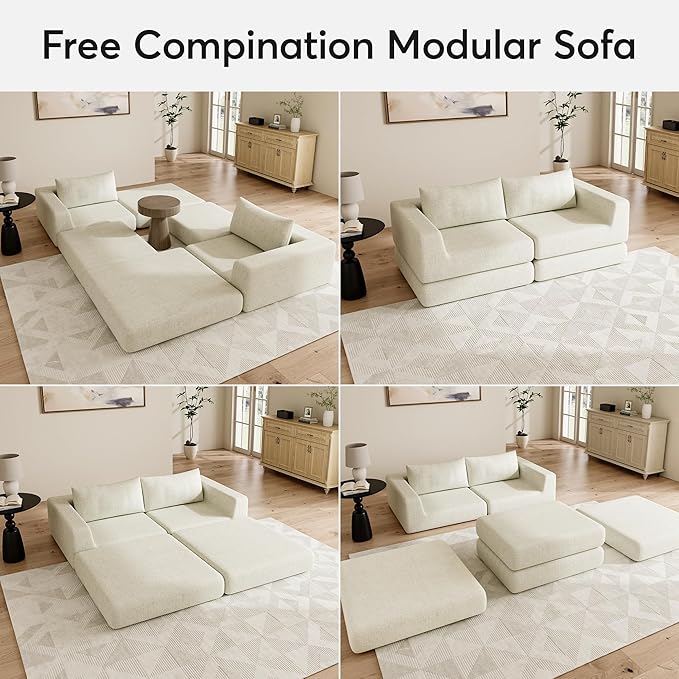 Cloud Boneless Modular Sectional Sofa 95.5 Modern Chenille Couch for Living Room Convertible Sleeper Sofa Bed Ergonomic Seating Cloud Couch Sectional No Assembly Required Beige