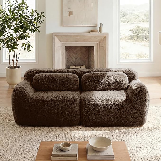 80.4-Inch Boneless Love Seat Couches in a Box Modern 2 Seat Floor Modular Foam Cloud Sofa Faux Fur Loveseat Couch W/Angle Armrests for Home Apartments Bedroom