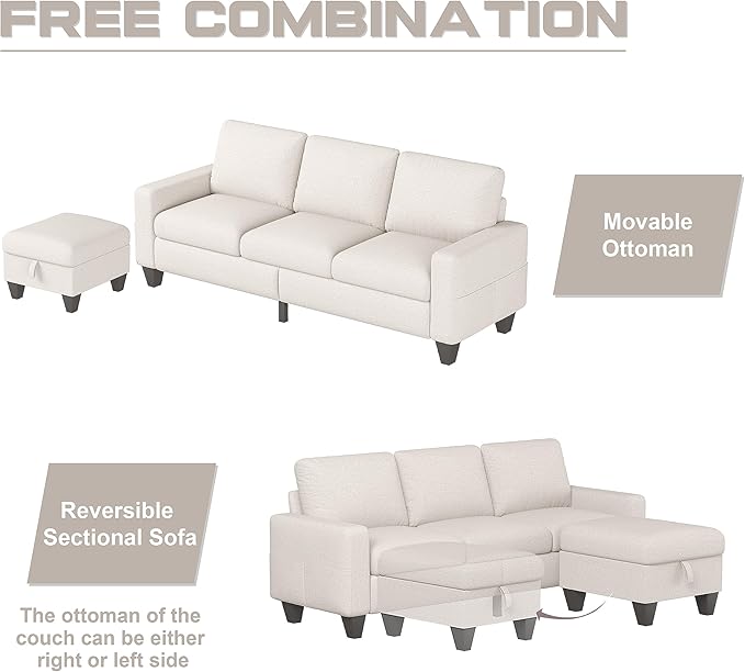 ZeeFu Couch for Living Room - 78'' Beige Linen 3 Seat L-Shaped Sectional Sofa Couches with Storage Ottoman - Modern Small Space Upholstered Furniture Sofa Set for Office Small Space Apartment
