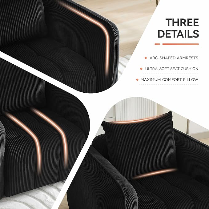 83'' Boneless Corduroy Sofa Oversized 3 Seater Deep Seat Couch with Rounded Armrest Modern Upholstered Cloud Sofa for Living Room No Assembly Black