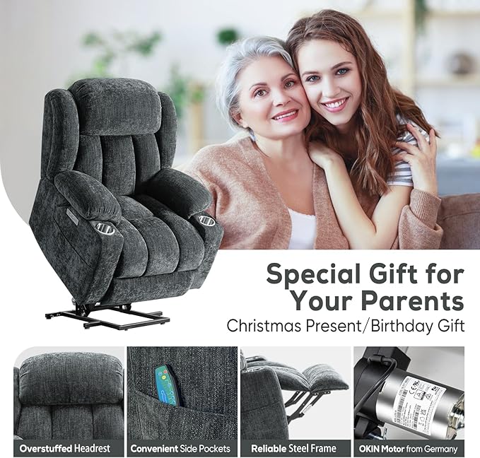 ABCASA Large Power Lift Chairs Recliners for Elderly with Heat ＆ Massage Upgraded Chenille Recliners USB-A ＆ C Cup Holder Side Pocket Grey Blue